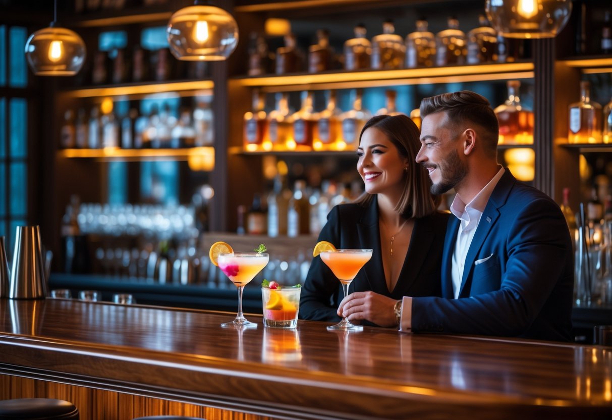 A couple enjoying craft cocktails together at a bar in the evening.