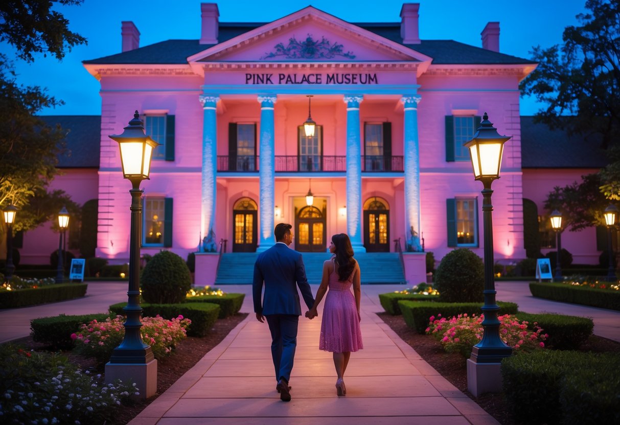 A couple walking hand-in-hand outside the Pink Palace Museum in Memphis at twilight, surrounded by gardens and warm street lighting.