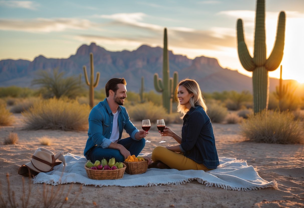 A couple having a picnic at sunset in a desert park with saguaro cacti and mountains in the background.