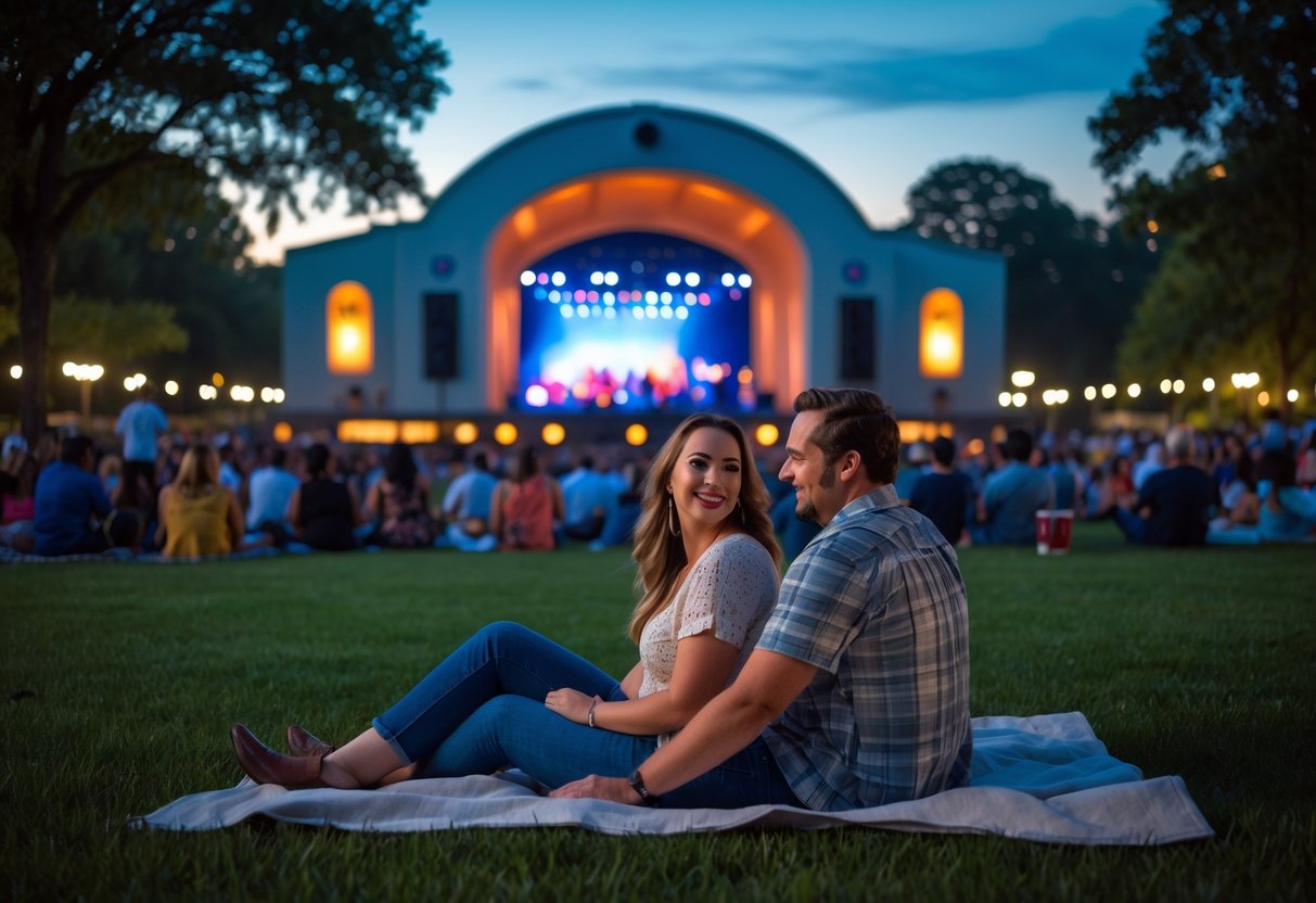 A couple sitting on a picnic blanket enjoying a live outdoor concert at Levitt Shell park in Memphis at dusk.