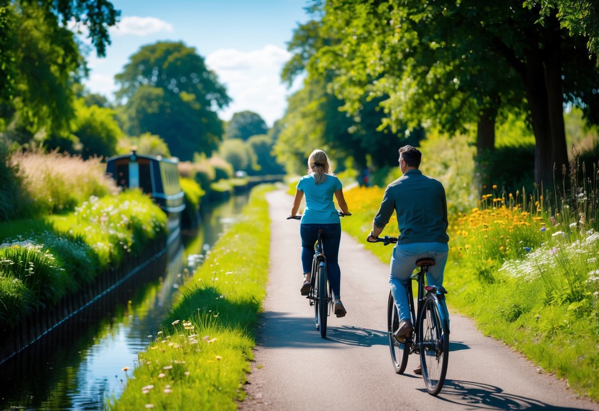 A couple riding bicycles along a tree-lined canal path with calm water and a narrowboat in the background.