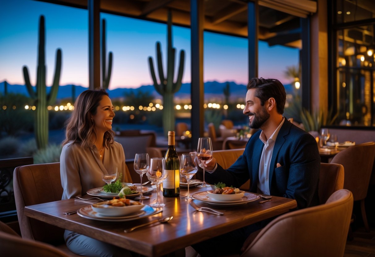 A couple enjoying a romantic dinner at a warmly lit restaurant with desert scenery visible through large windows.