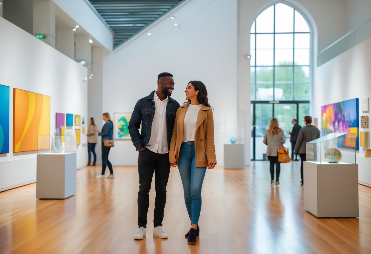 A couple enjoying art exhibits inside a bright museum gallery with other visitors in the background.