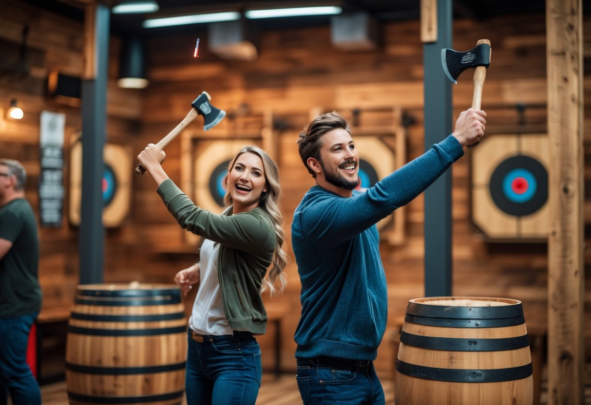 A young couple throwing axes at wooden targets inside an indoor axe throwing venue.