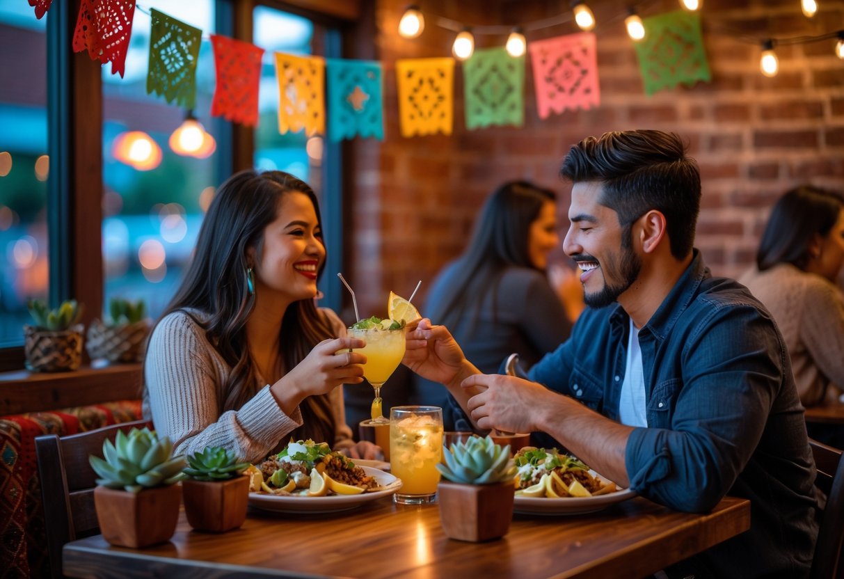A young couple enjoying a casual Mexican dinner at a warmly lit restaurant table with colorful decor and traditional dishes.
