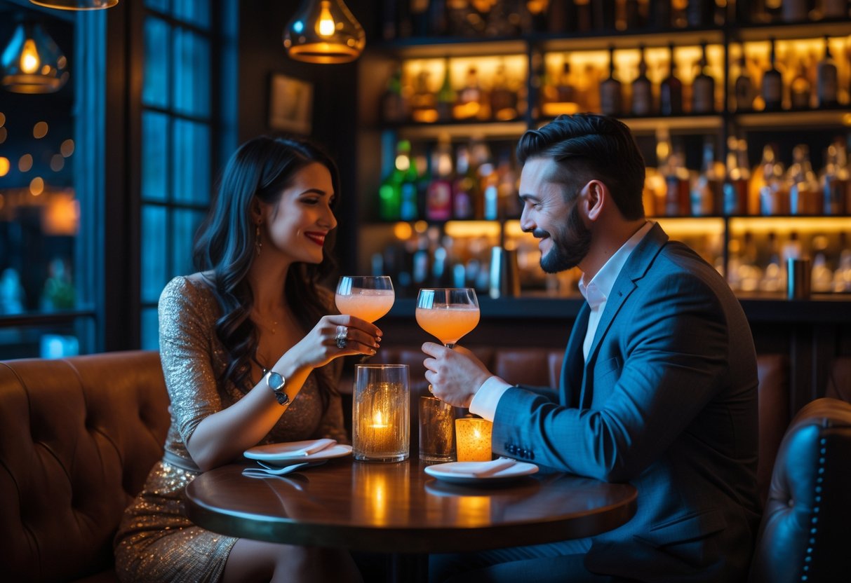 A couple enjoying cocktails together at a cozy, dimly lit bar table inside a stylish lounge.