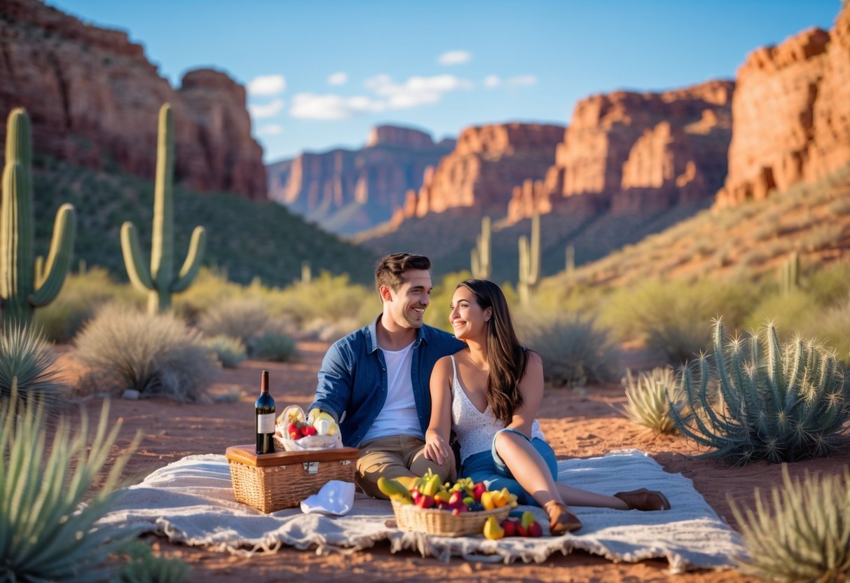 A couple having a picnic on a blanket in Sabino Canyon surrounded by desert plants and rocky cliffs.