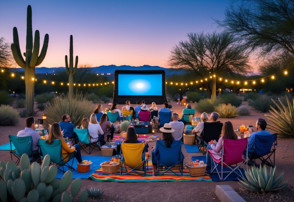 Couples and friends watching an outdoor movie in a Tucson park at dusk with desert plants and string lights around.