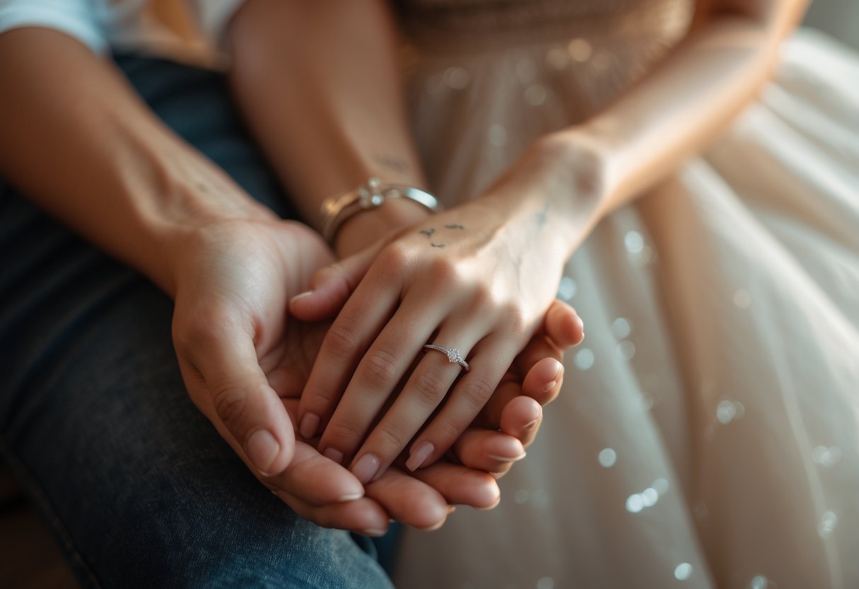 Close-up of a couple's hands with wedding date tattoos on their wrists, gently touching each other.