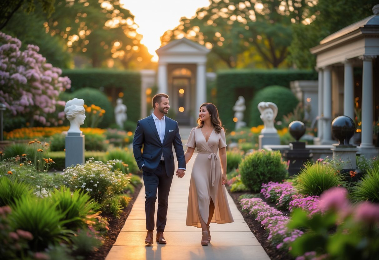 A couple walking hand-in-hand along a garden path surrounded by flowers and sculptures in an outdoor art gallery.