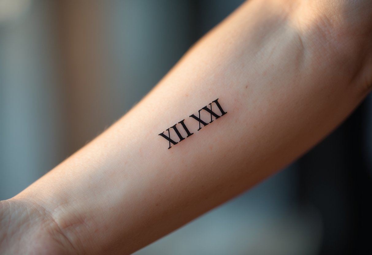 Close-up of a person's inner forearm showing a tattoo of a wedding date in Roman numerals.