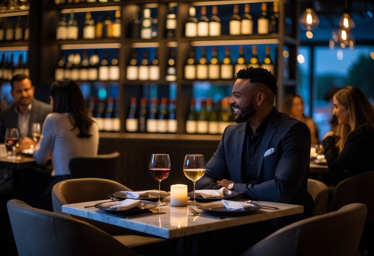 A couple enjoying a romantic dinner at a cozy table in a restaurant with wine bottles displayed in the background.
