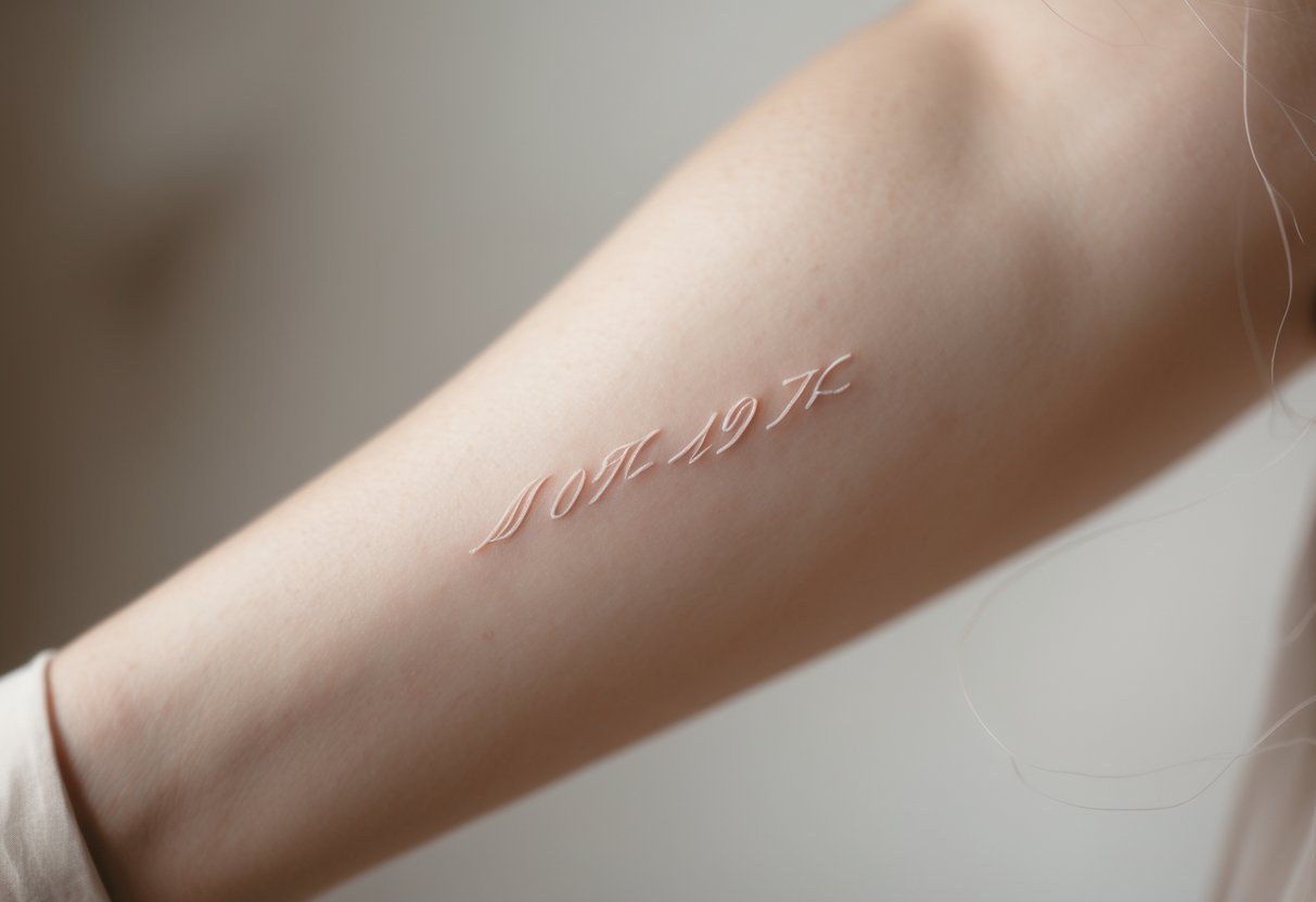 Close-up of a forearm with a minimalist wedding date tattoo in fine line script.