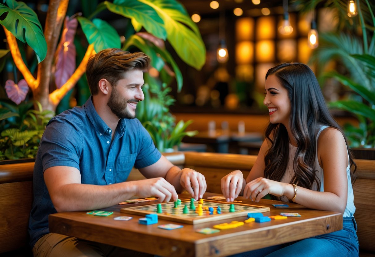 A young couple playing board games together at a table inside a rainforest-themed cafe with tropical plants and warm lighting.