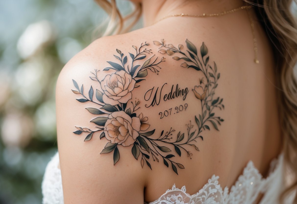 Close-up of a person's shoulder with a floral tattoo design surrounding a wedding date.