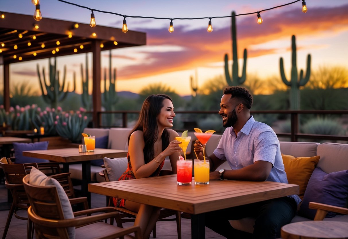 A couple enjoying drinks together at an outdoor bar during a colorful desert sunset with cacti in the background.
