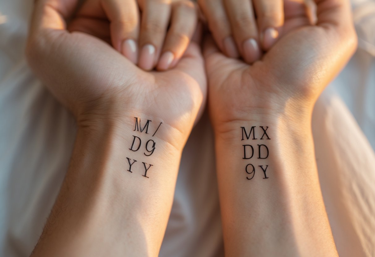 Close-up of a couple's wrists showing matching wedding date tattoos.