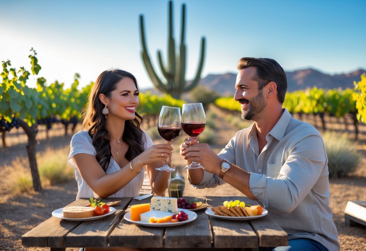 A couple enjoying wine tasting together at an outdoor vineyard with grapevines and desert plants around them.