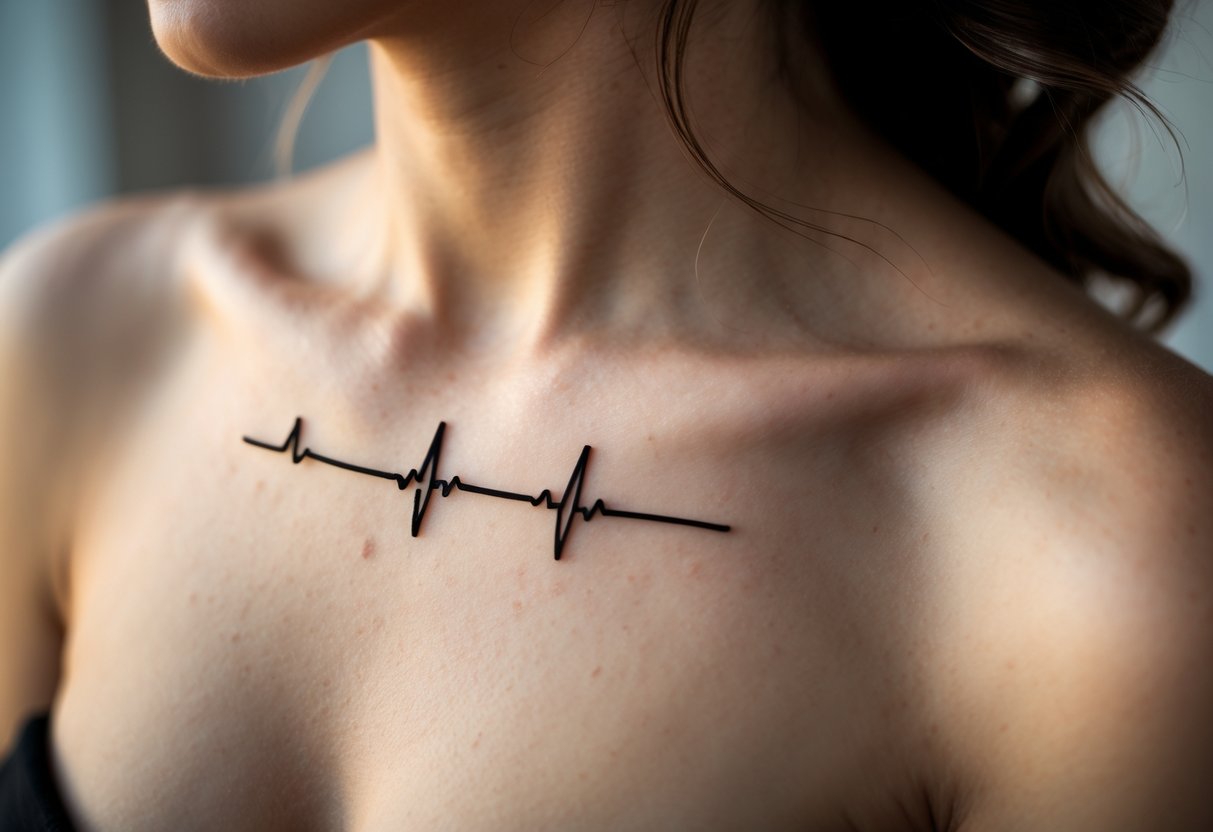Close-up of a person's chest showing a tattoo of a heartbeat line with a wedding date integrated into the design.