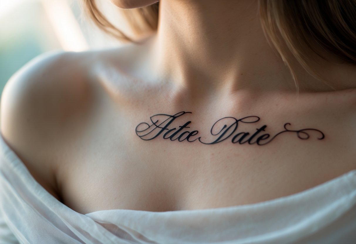 Close-up of a person's ribcage with a wedding date tattoo in cursive script.