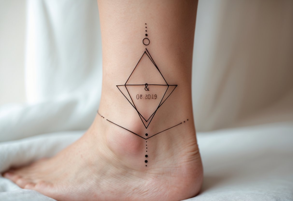Close-up of an ankle with a wedding date tattoo framed by geometric shapes.