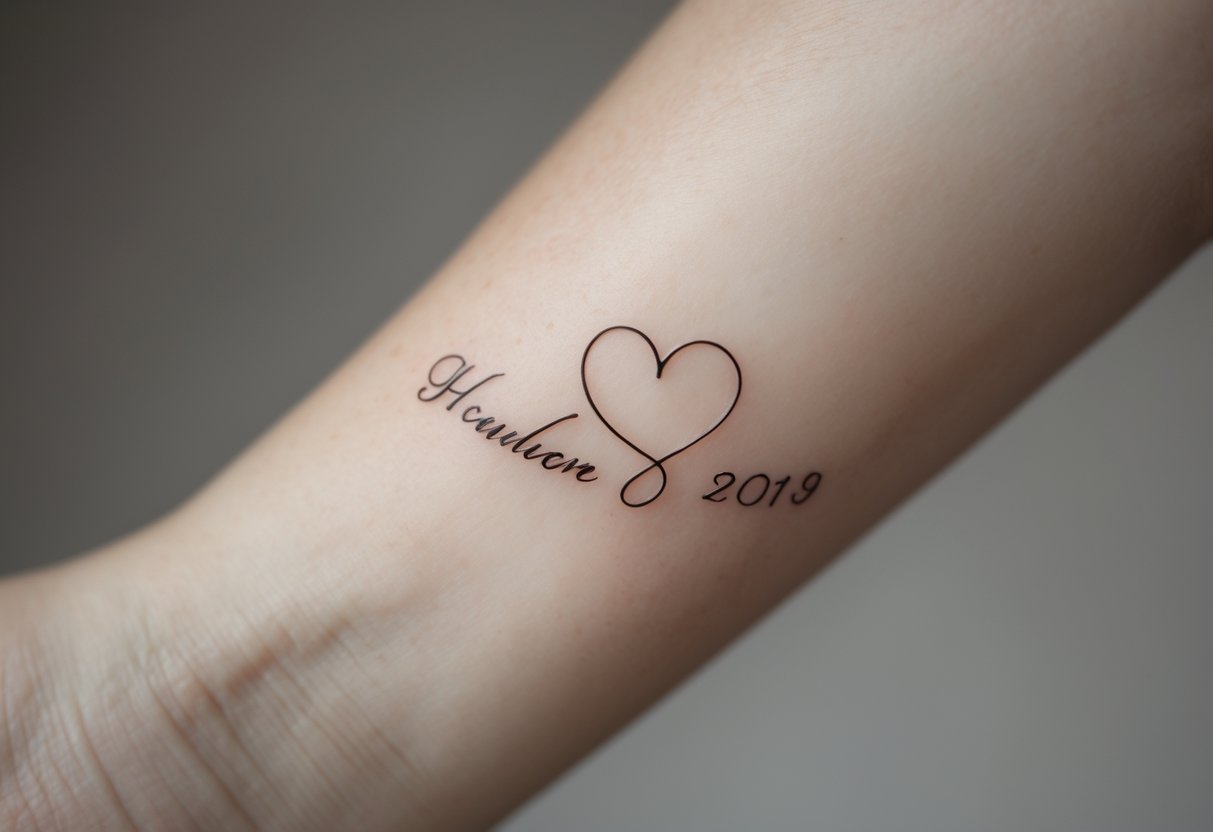 Close-up of a person's forearm showing a wedding date tattoo combined with a small heart.
