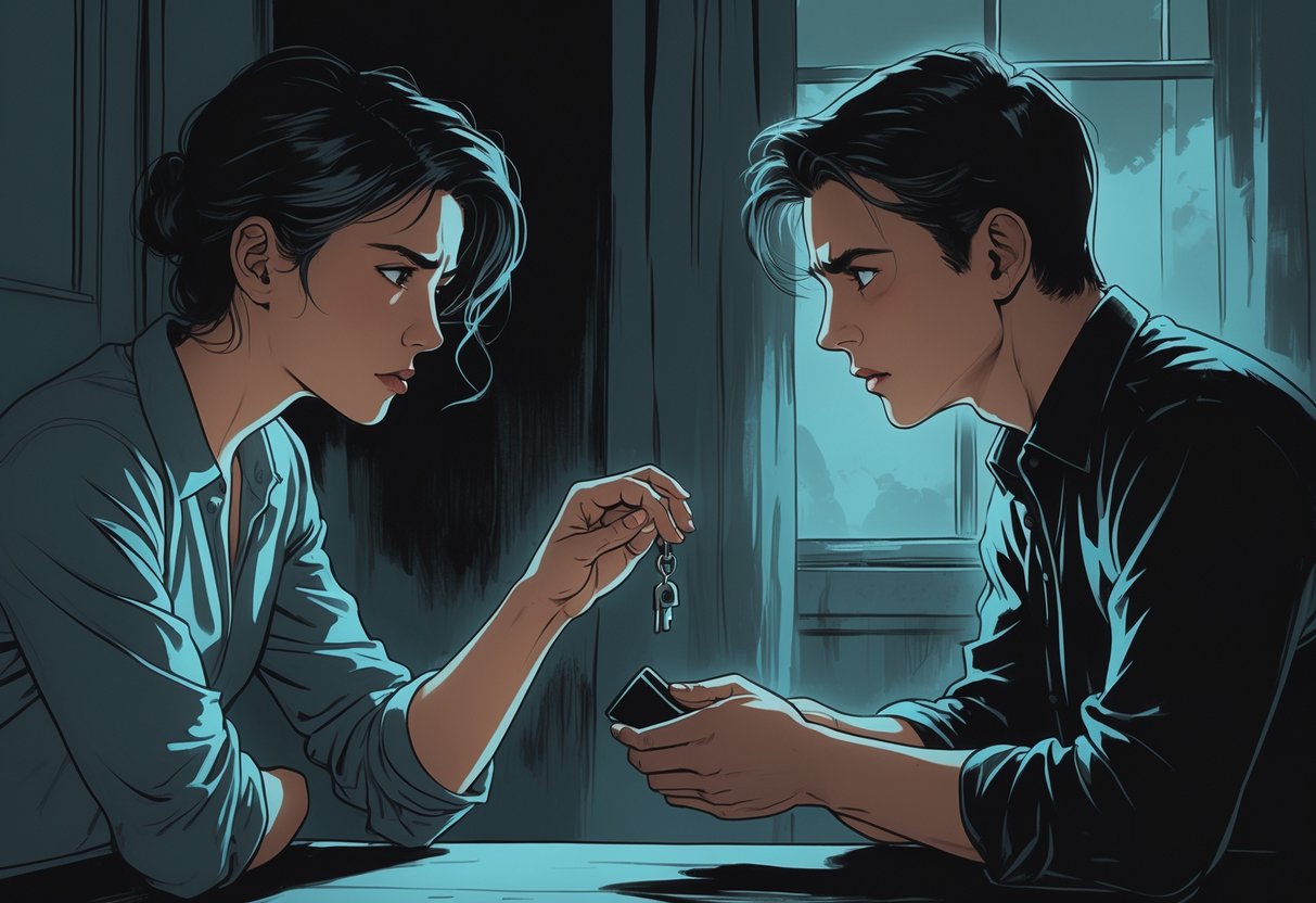 Two people in a dimly lit room facing each other with tense expressions, creating a feeling of suspense without violence.