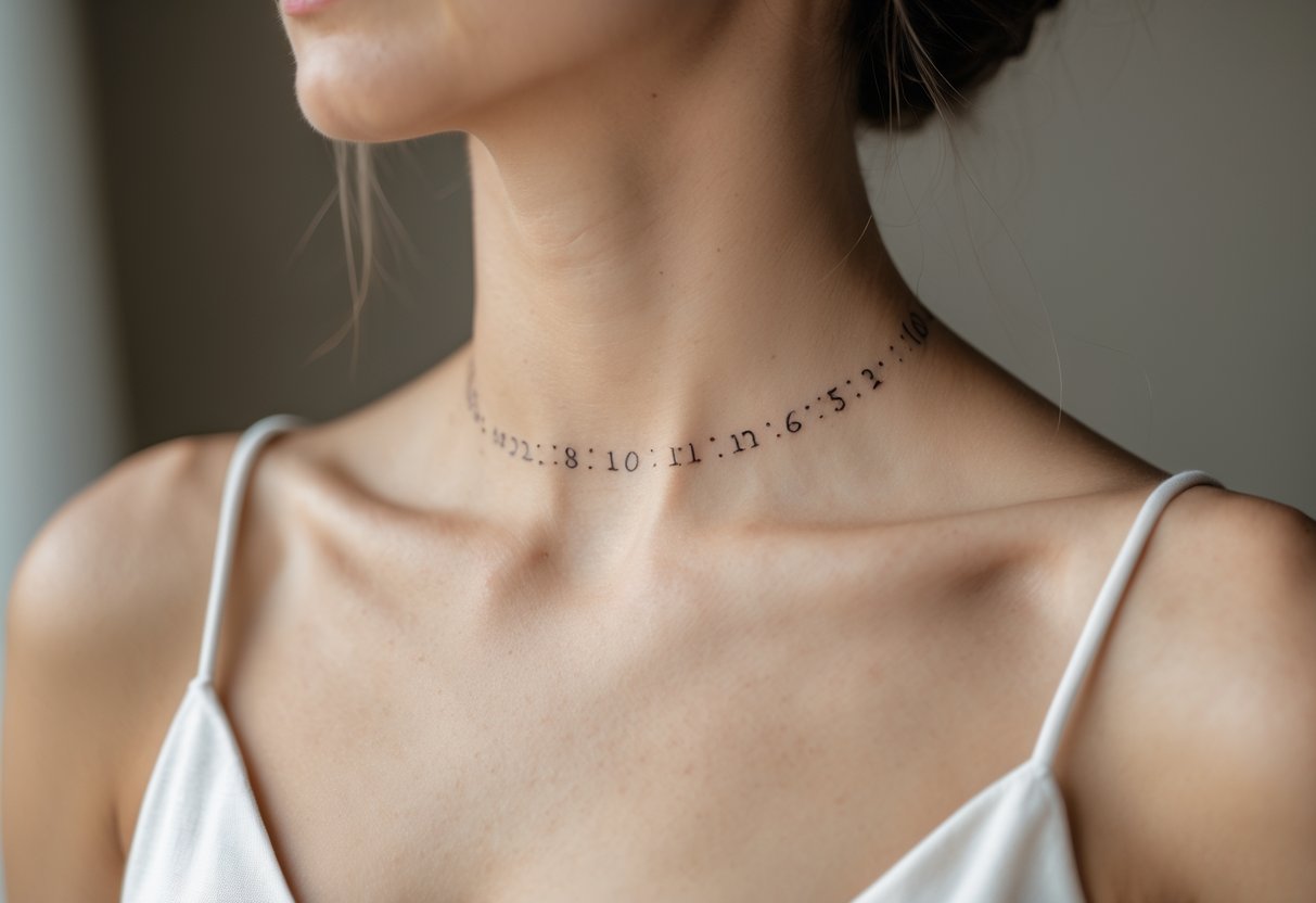 Close-up of a woman's collarbone showing a delicate Morse code tattoo representing a wedding date.