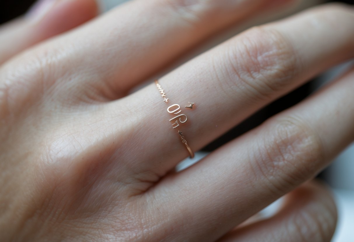 Close-up of a finger with a small wedding date tattoo on its side.