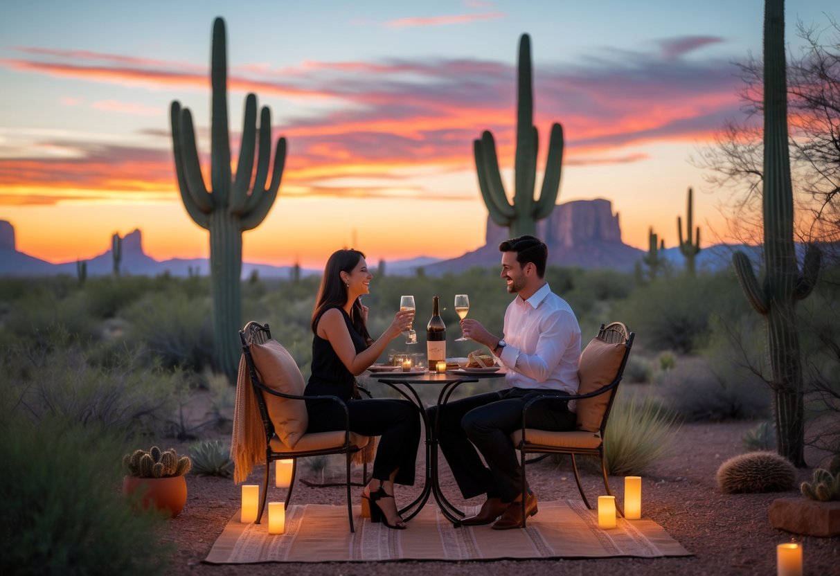 A couple enjoying a romantic outdoor dinner at sunset in a desert landscape with cacti and red rock formations.