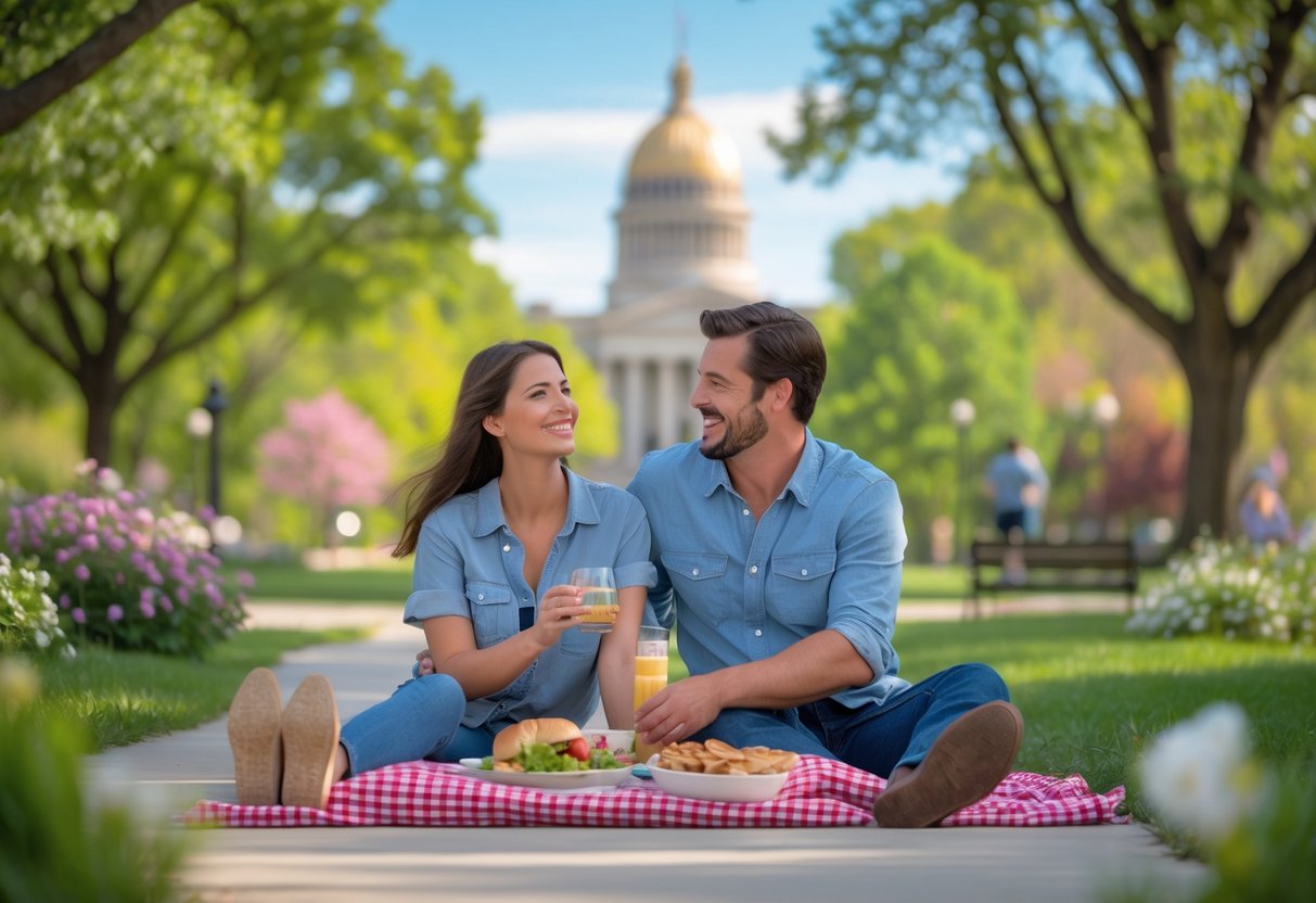 A couple enjoying a sunny day together in a green park with trees and flowers, with a city building visible in the background.