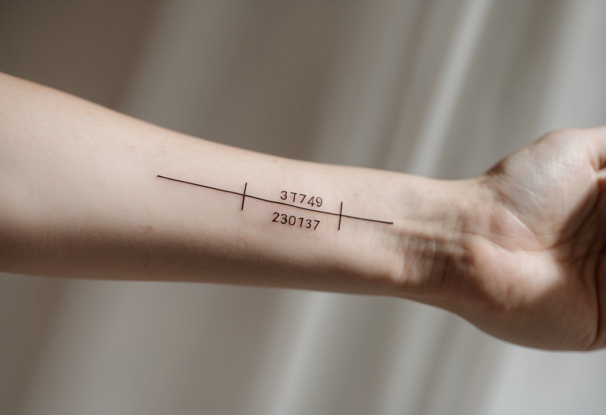 Close-up of a forearm with a small tattoo of geographic coordinates in black ink.