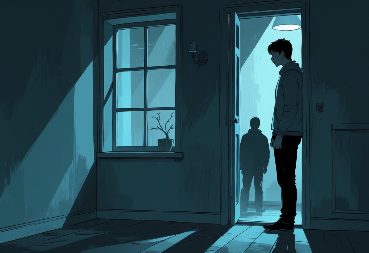 A person standing near a window looking anxious in a dimly lit room with shadows and a slightly open door, creating a tense and suspenseful atmosphere without any violence.