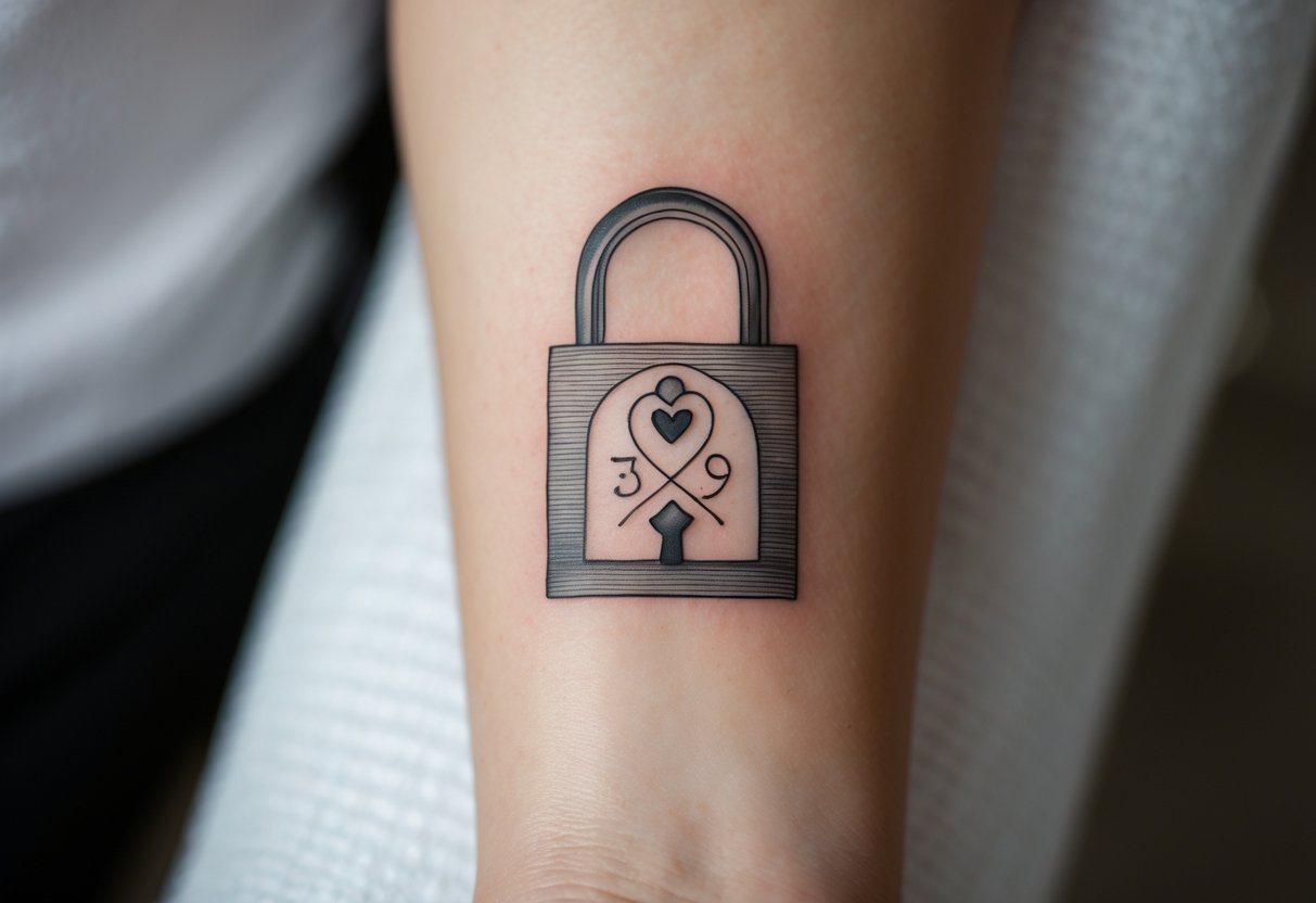 Close-up of a forearm tattoo showing a lock and key design with a wedding date integrated inside the lock.