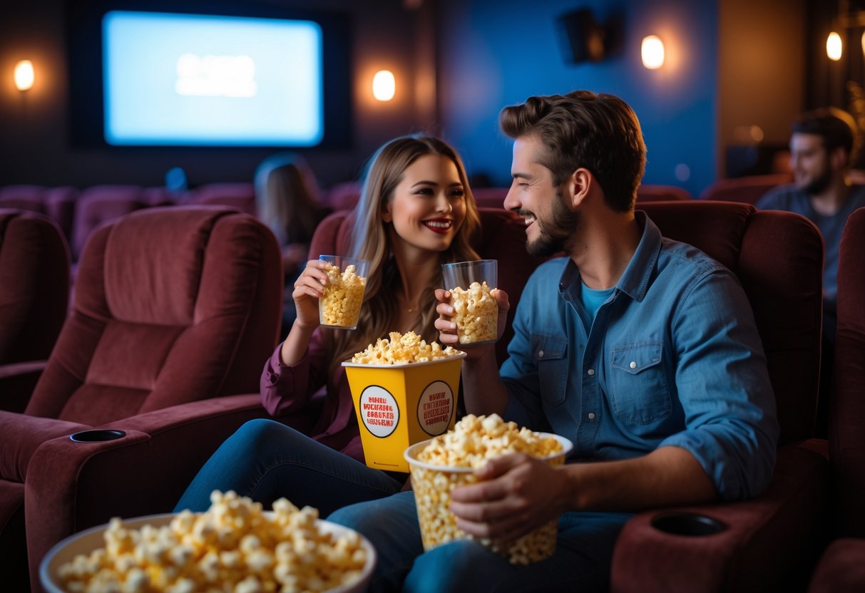 A young couple sitting together in a movie theater enjoying popcorn and drinks during a movie.
