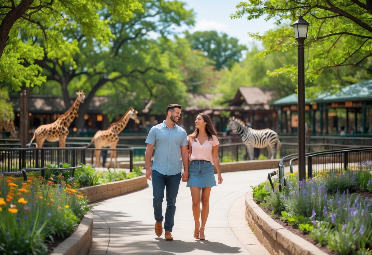 A couple walking hand-in-hand along a path at the Topeka Zoo surrounded by trees and animal enclosures.
