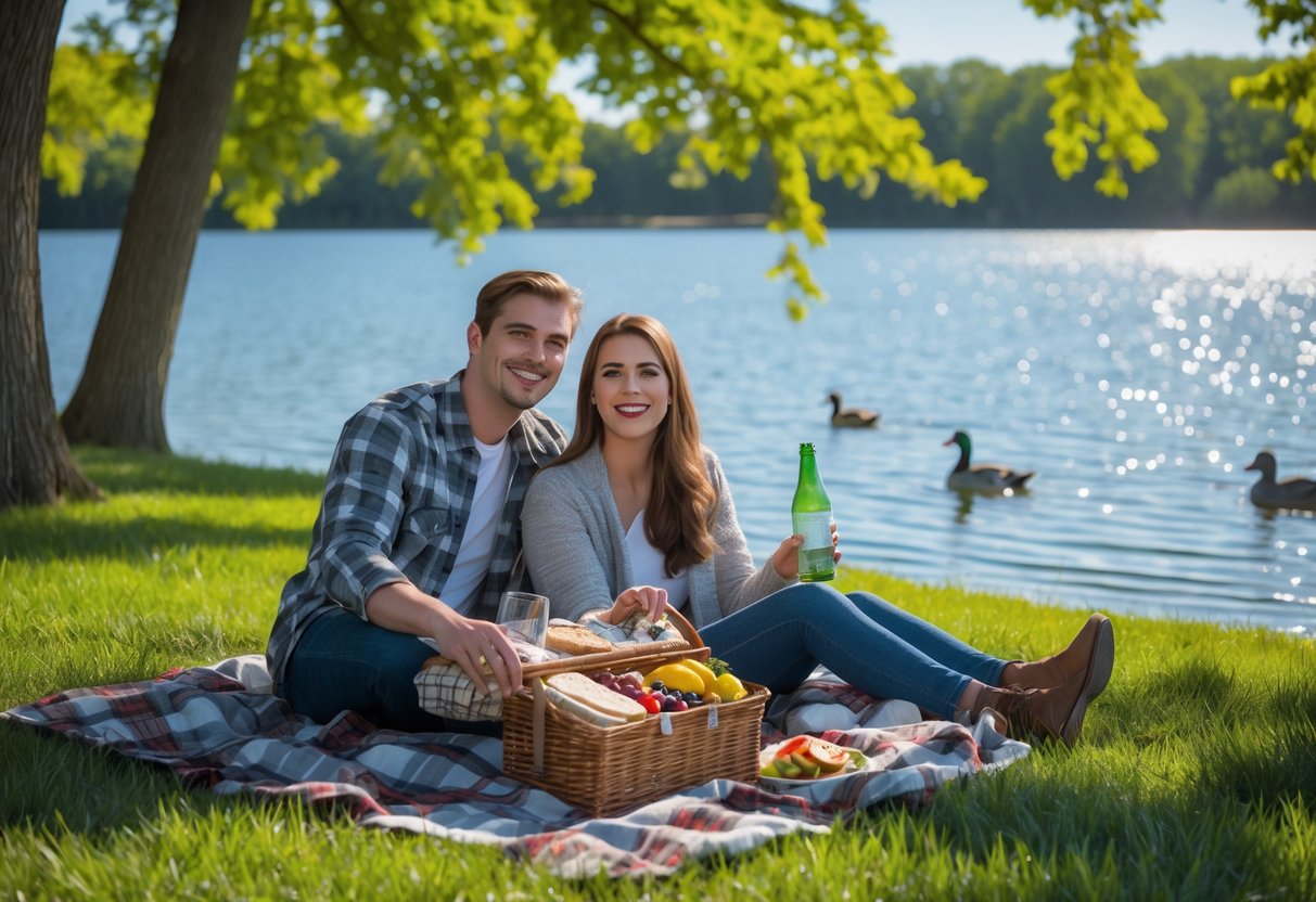 A young couple having a picnic on a blanket near a lake surrounded by trees at Lake Shawnee Park.