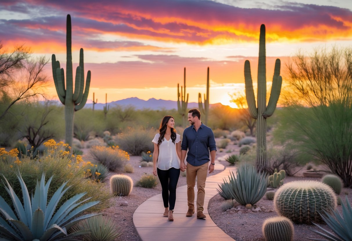 A couple walking hand in hand along a desert garden path at sunset surrounded by cacti and desert plants.