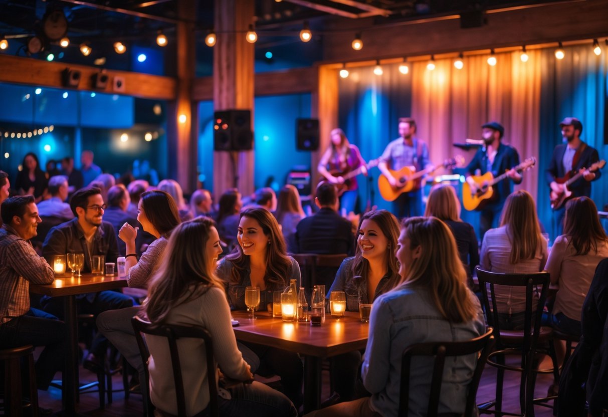 Couples enjoying live music at a cozy venue with a band performing on stage.
