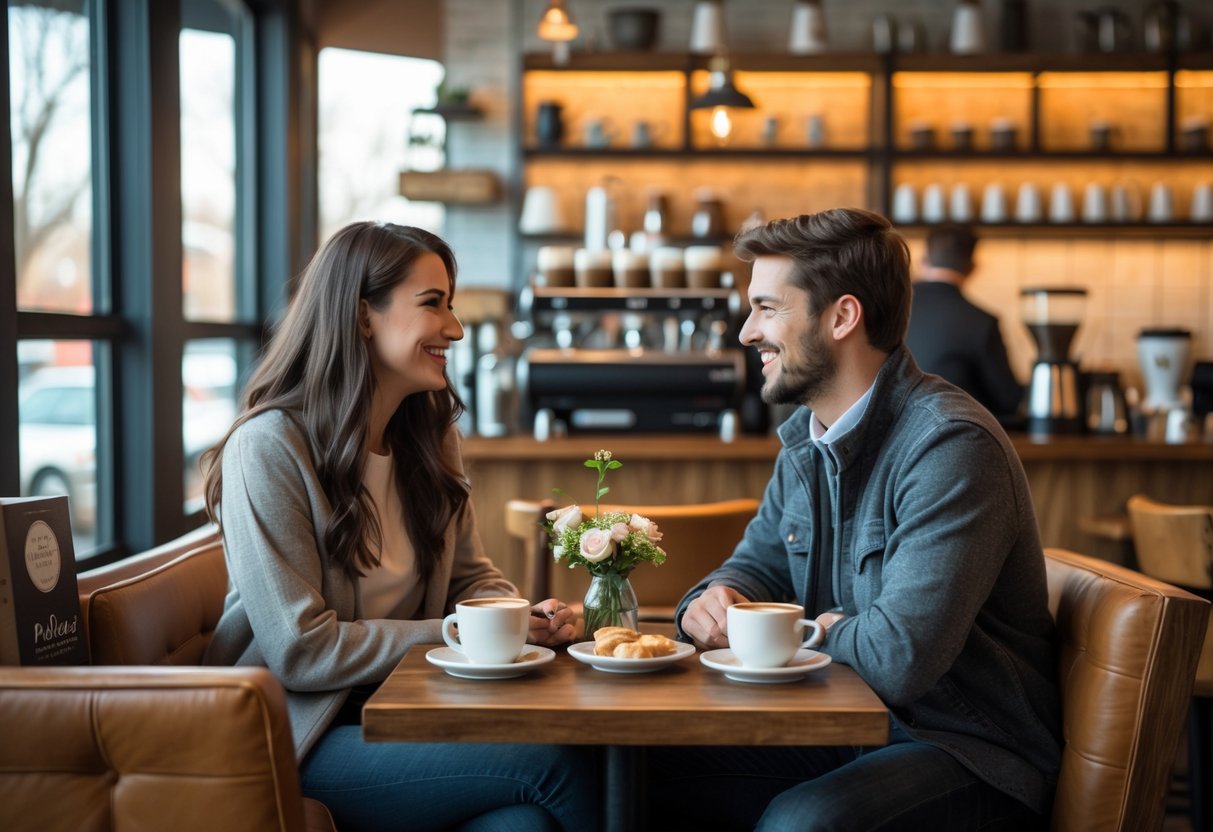 A young couple sitting at a table in a cozy coffee shop, enjoying coffee and pastries together.