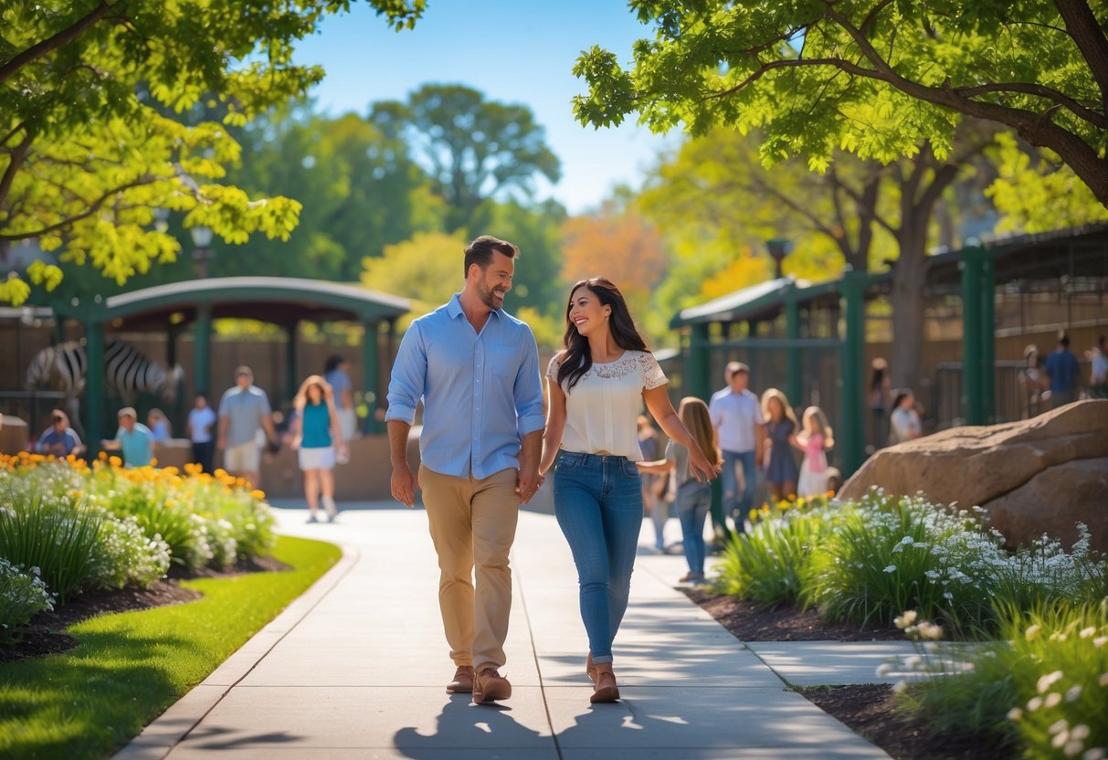 A couple walking along a path in a green park with trees and zoo animals visible in the background.