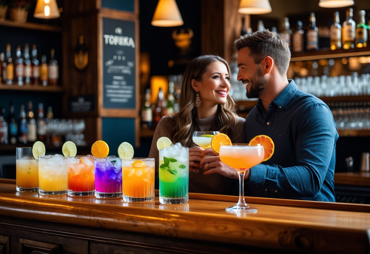 A couple enjoying craft cocktails at a cozy pub bar, smiling and talking.