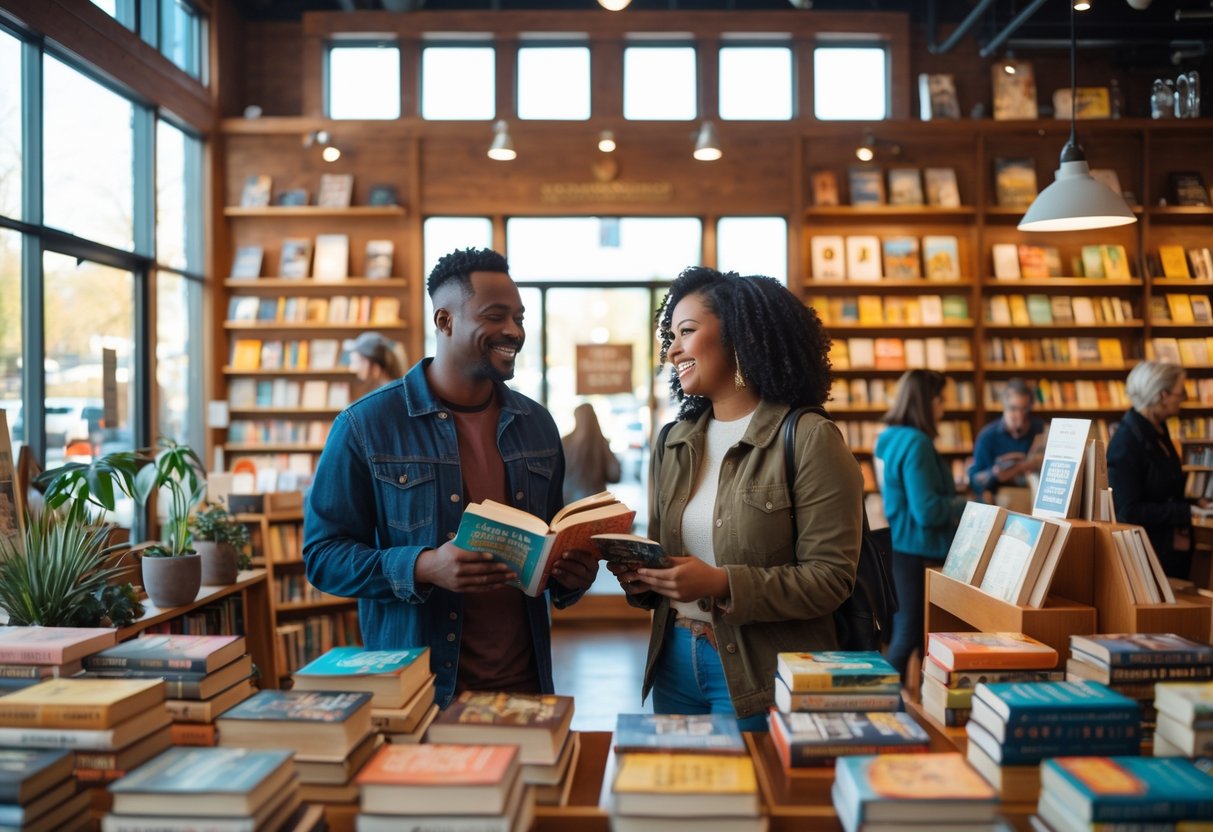 A couple browsing books together inside a cozy bookstore filled with wooden shelves and natural light.