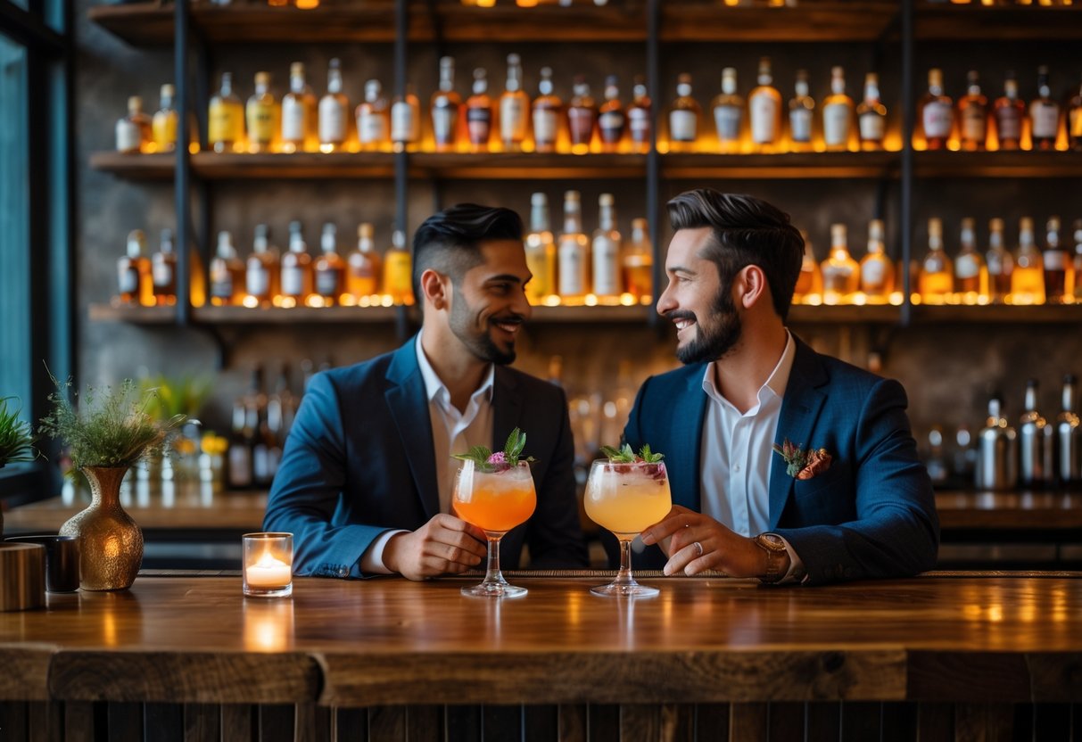 A couple enjoying craft cocktails together at a cozy bar inside House of Tricks in Tempe, Arizona.