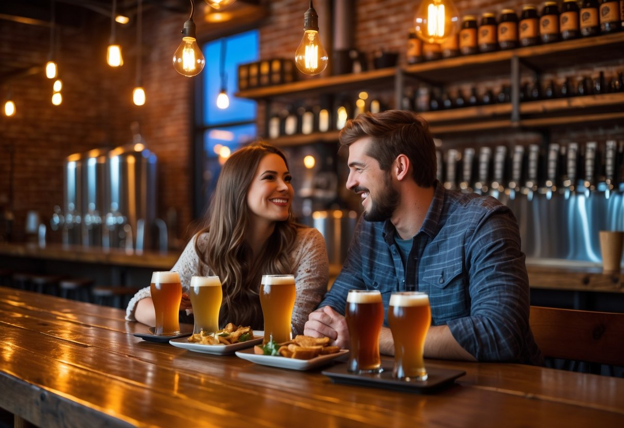 A young couple enjoying drinks and appetizers at a cozy brewery table with warm lighting and rustic decor.
