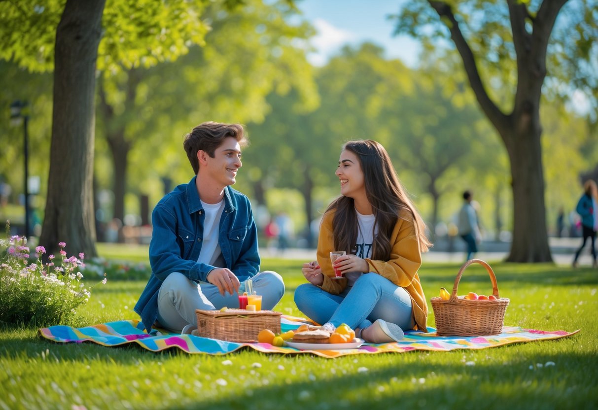 A teenage couple sitting on a picnic blanket in a park, enjoying food and each other's company on a sunny day.