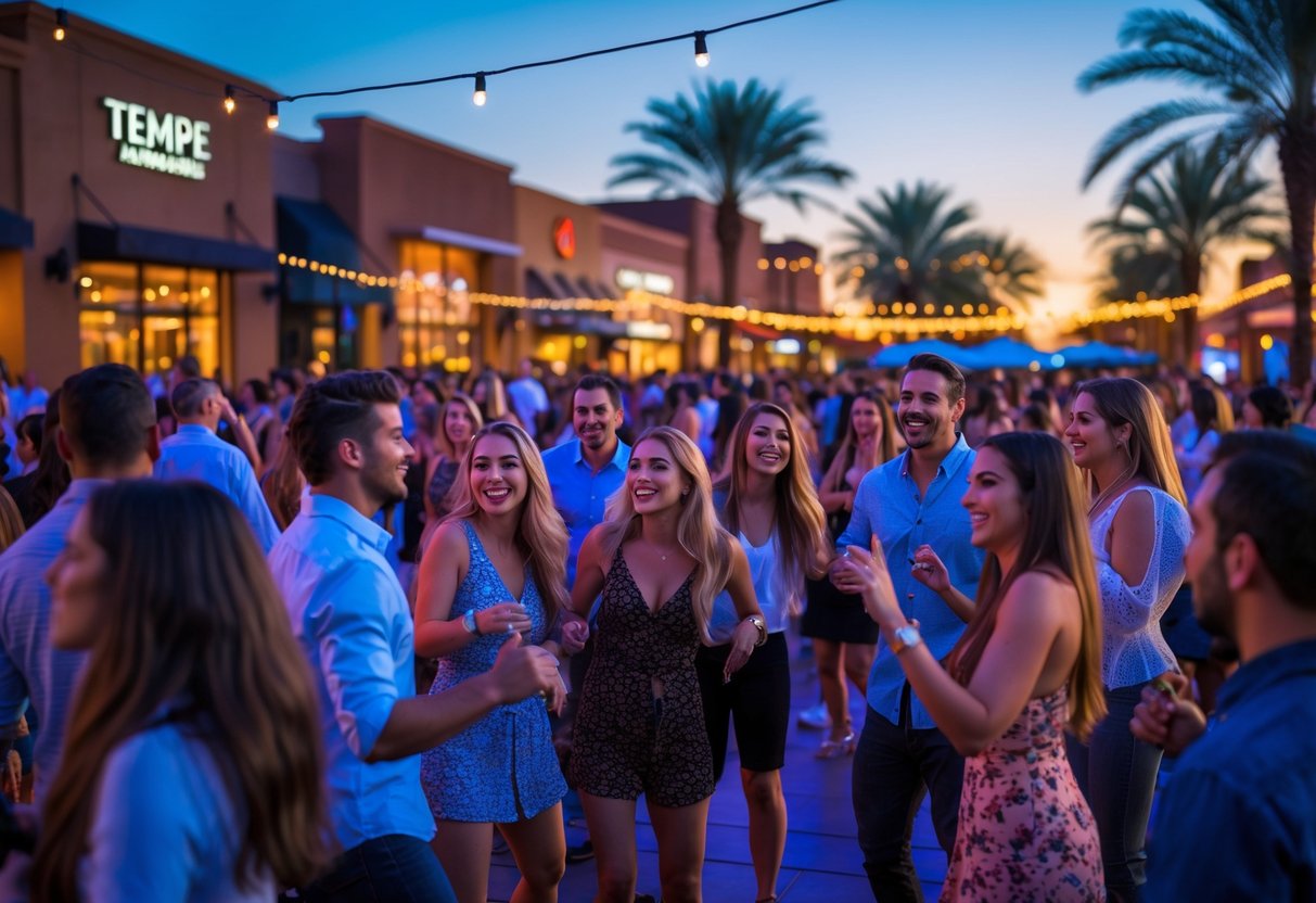 People enjoying a live outdoor concert at Tempe Marketplace in Tempe, Arizona during the evening.