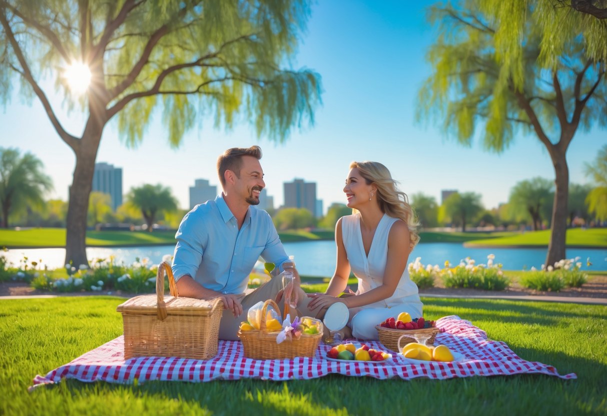 A couple having a picnic on a blanket in a green park with trees and a lake in the background.