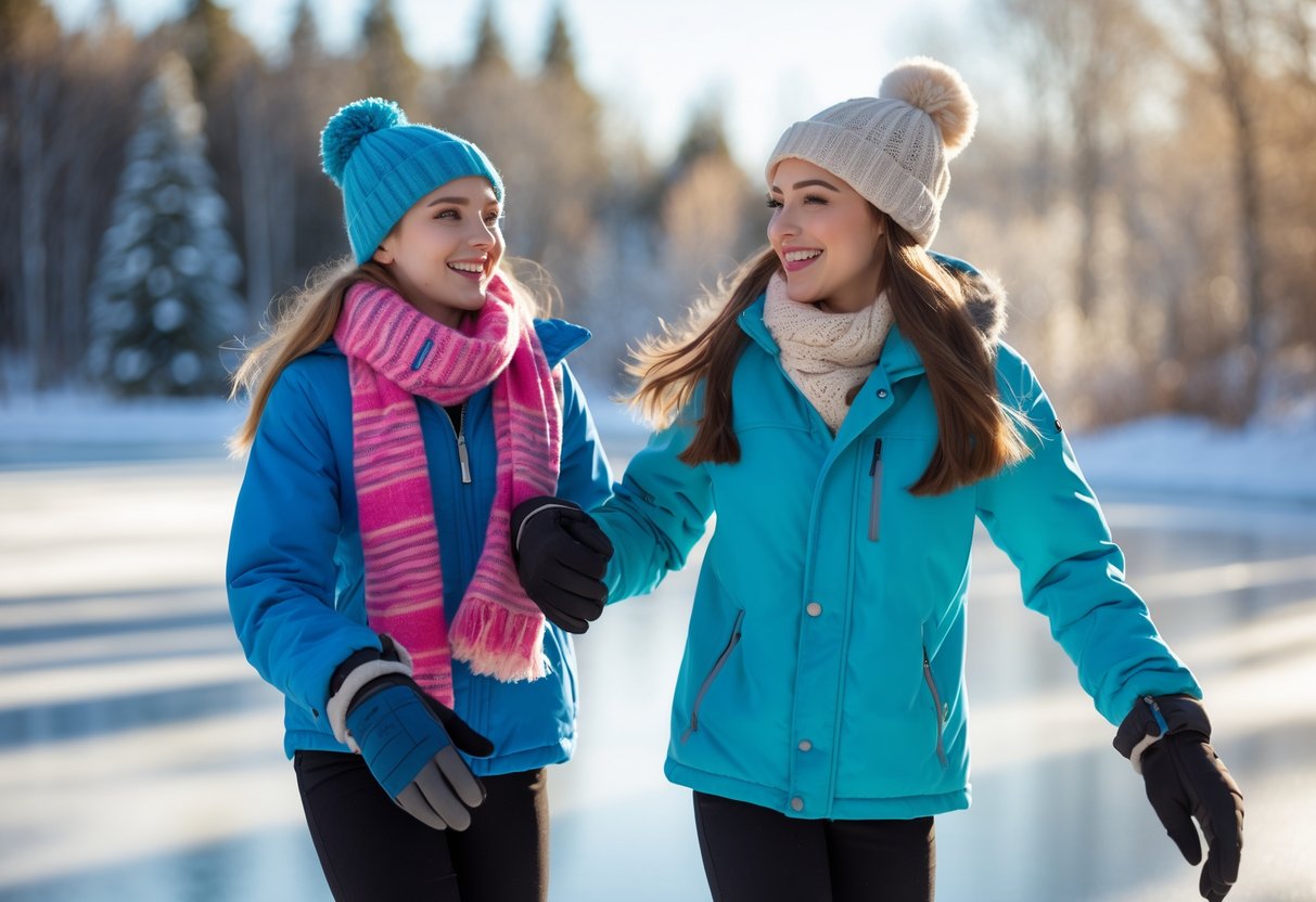 Two teenagers ice skating together outdoors on a frozen pond surrounded by snow-covered trees.