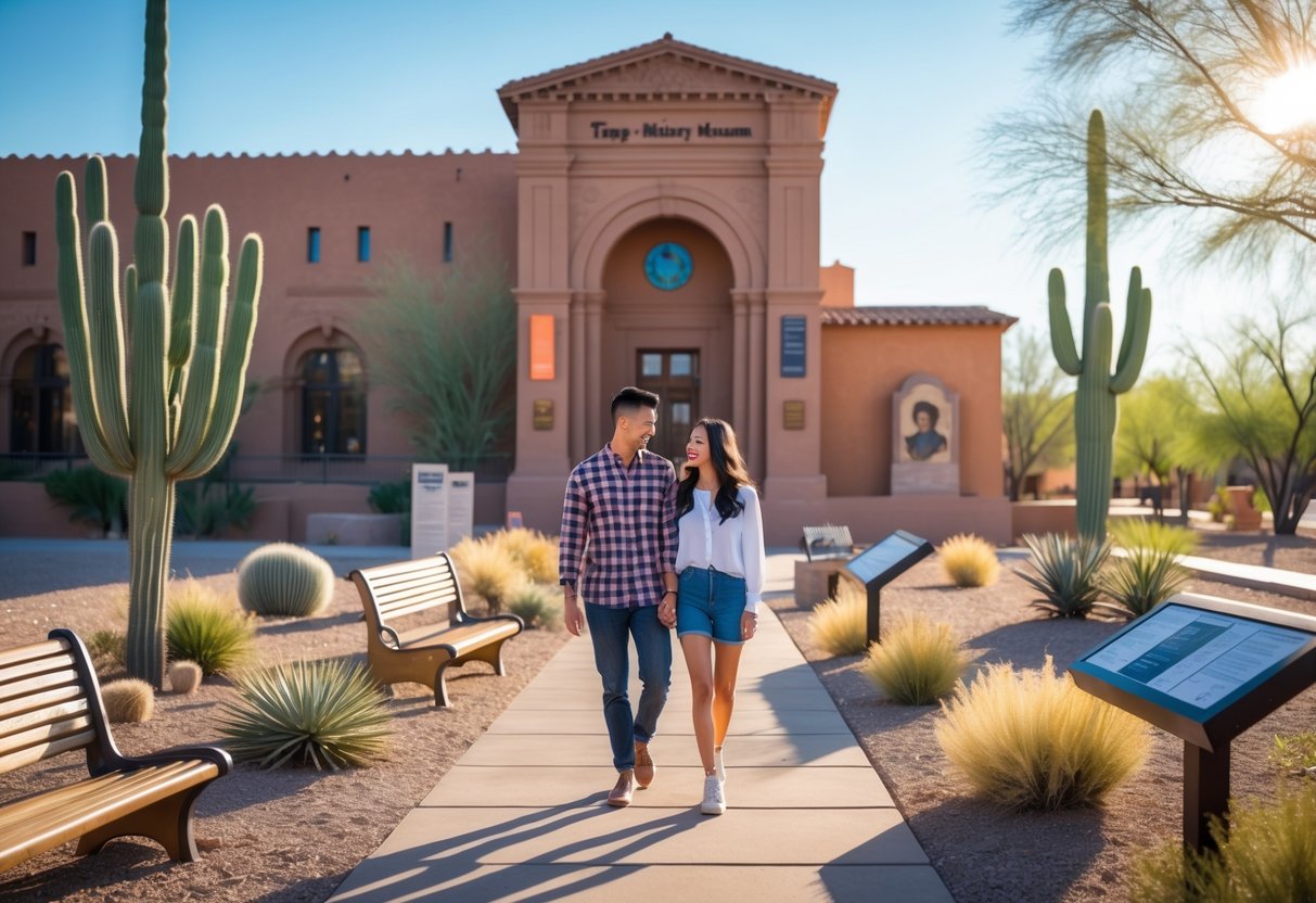 A young couple walking hand-in-hand outside a historic museum building surrounded by desert plants on a sunny day.